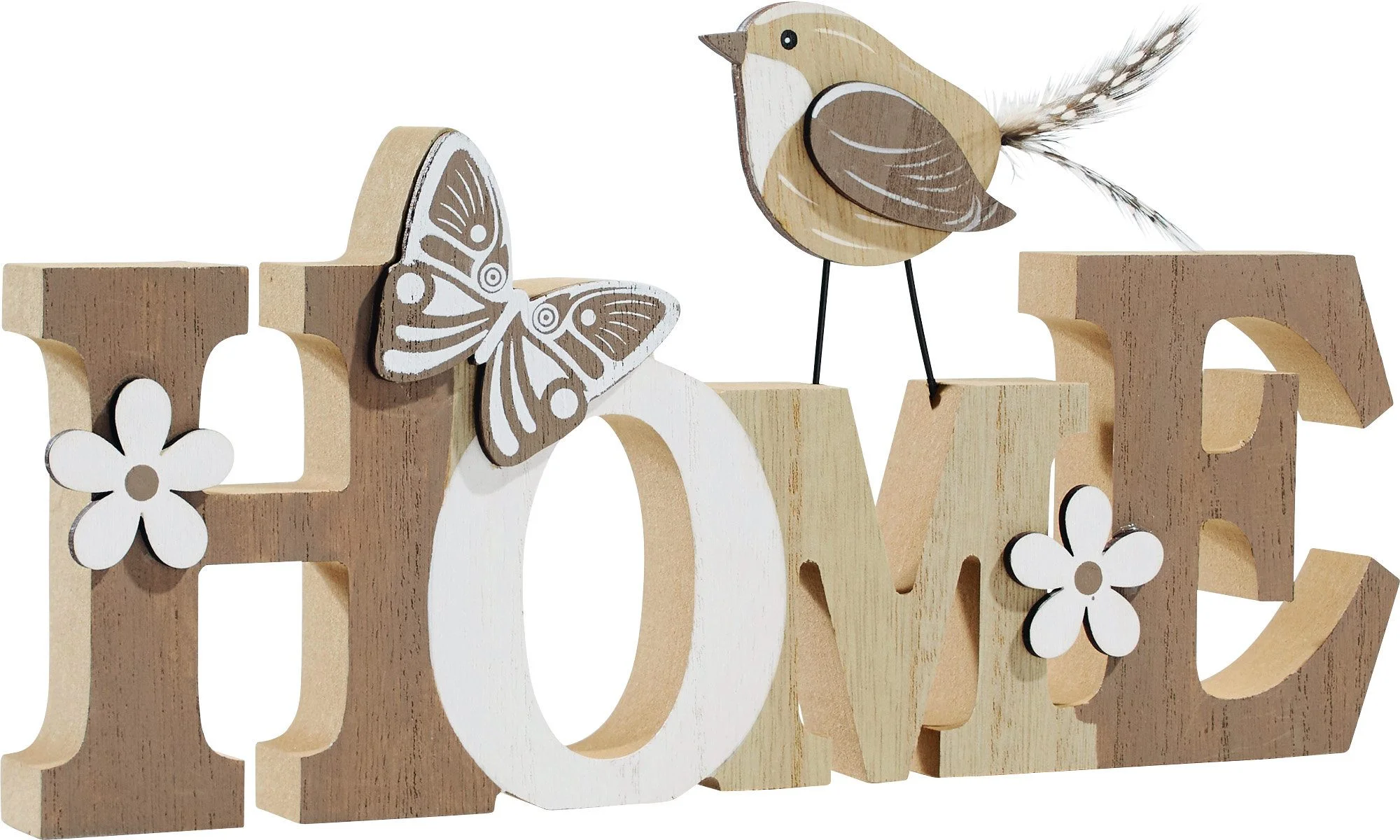 Deko-Schriftzug „Home“ – Holz-Aufsteller mit Vogel-, Schmetterling- & Blütendekor