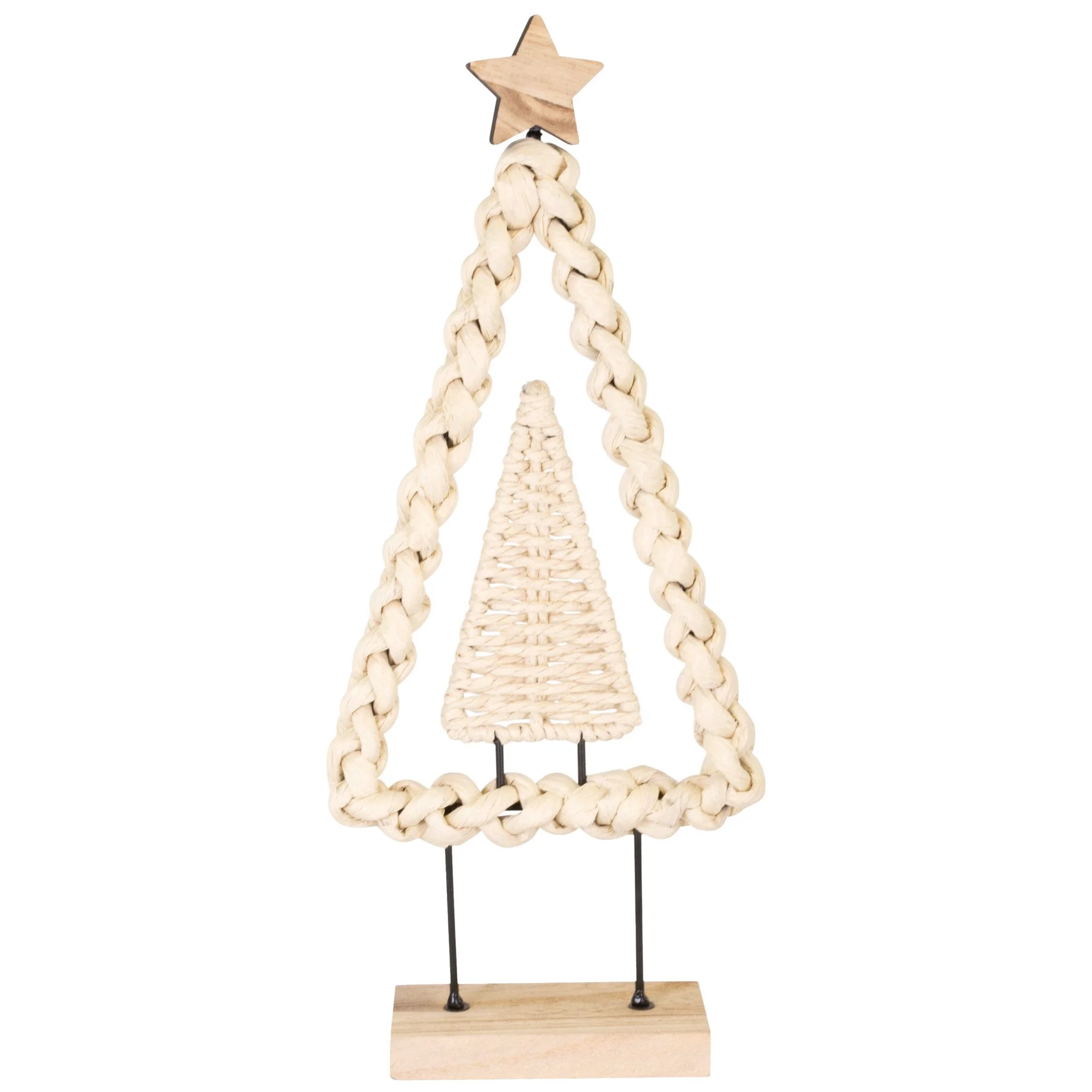 Deko-Tannenbaum 39 cm – Cremeweiß, Metall mit Papierkordel & Holzfuß, Boho-Weihnachtsdeko